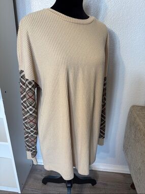 Tunic Sweater with Plaid Sleeve Insets